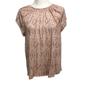 LOFT Top Blouse Size Large Tan Orange Paisley Print Rayon Knit Short Sleeve